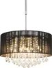 A close-up studio shot of a black drum pendant light with clear crystal droplets hanging from the bottom. Produktbild-Vorschau