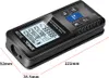 A black laser distance meter is shown on a white background with dimensions indicated. Produktbild-Vorschau