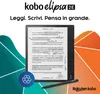 A Kobo Elipsa 2E e-reader is displayed with a stylus, set against a background with teal and orange abstract shapes. Text overlays highlight the product's capabilities. Produktbild-Vorschau