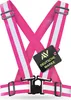 A pink safety vest with reflective white stripes and a black tag with a logo and text. Náhľad obrázku produktu