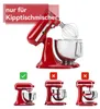 A red KitchenAid stand mixer with a whisk attachment is shown, along with three smaller images demonstrating compatibility. Produktbild-Vorschau