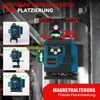 A laser level device is shown mounted on a magnetic bracket attached to a metal pole, with multiple inset images showing different mounting configurations. Red arrows indicate 360-degree rotation. Produktbild-Vorschau