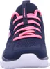 A close-up, front-facing view of a navy and pink Skechers shoe. Voir les images du produit