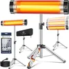 A collage of infrared heaters on tripods, with a mounting set and a protective cover. Produktbild-Vorschau