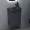 A modern bathroom vanity with a sink and faucet against a concrete wall. Produktbild-Vorschau