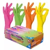 A box of colorful nitrile gloves with hands wearing gloves in the background. Produktbild-Vorschau