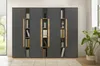 A large, modern gray cabinet with wooden accents, filled with binders and books, set against a light gray wall and a window with greenery visible outside. Produktbild-Vorschau