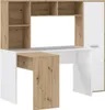 A white and wood-grain desk with a hutch and cabinet. Produktbild-Vorschau