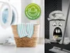 A split image showing a laundry basket with mop heads on the left and a cartoonish trash can on the right. Produktbild-Vorschau