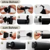 Collage of images showing how to install a roller blind with and without drilling. Produktbild-Vorschau