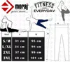 A size chart for Moraj leggings, featuring illustrations of people in yoga poses and a diagram of leggings with measurements. Produktbild-Vorschau