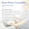 A woman in glasses and a striped shirt holds a tablet, with a printer visible in the foreground. Text overlays provide information about printer compatibility. Produktbild-Vorschau