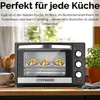A mini oven is shown on a kitchen counter with food inside, with text overlay describing its versatility. Produktbild-Vorschau