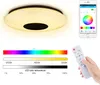 A collage of images showing a modern LED ceiling light with a Bluetooth speaker, a smartphone app interface for controlling the light, and a remote control. Also includes a color temperature and brightness scale. Produktbild-Vorschau