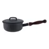 A black saucepan with a wooden handle and a lid, isolated on a white background. Podgląd zdjęcia produktu