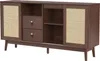 A dark brown sideboard with rattan woven doors and drawers, set against a white background. Produktbild-Vorschau