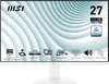 A white MSI monitor is shown on a white stand against a white background with abstract blue and white wave patterns. Feature icons and text are displayed along the bottom and right side of the screen. Voir les images du produit