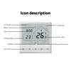 A diagram showing a smart thermostat with labels pointing to different icons and functions. Náhľad obrázku produktu