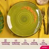 A green plate with orange lentils arranged in a spiral pattern, set on a yellow tablecloth with cutlery and a leaf. The bottom of the image contains icons and text describing product features. Náhled obrázku produktu