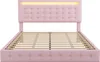 A pink upholstered bed frame with a tufted headboard and integrated LED lighting, shown from the front with the mattress support slats visible. Produktbild-Vorschau