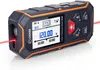 A digital laser distance meter is shown on a white background with a red laser beam emitting from the front. Produktbild-Vorschau