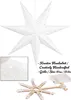 A white paper star lantern with small perforations, shown hanging, with a close-up of the material and a disassembled view of the internal structure and battery pack. Podgląd zdjęcia produktu