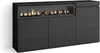 A black sideboard with a glass-fronted electric fireplace.