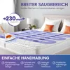 A person is using a mattress cleaner on a bed, with marketing text and graphics overlaid. Produktbild-Vorschau