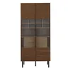 A tall, narrow cabinet with glass doors and wooden drawers, standing on thin legs. Podgląd zdjęcia produktu