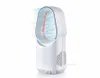 A white bladeless fan on a white background, with air currents depicted visually. Produktbild-Vorschau