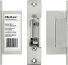 A product shot of a symmetric electric strike lock and its mounting plate, with a label detailing its specifications. Produktbild-Vorschau