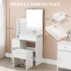 A white vanity table and stool with dimensions indicated by measurement lines and text. Voir les images du produit