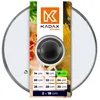 A glass pot lid with a black handle, displayed with marketing text and graphics. Voir les images du produit