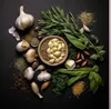 A flat lay of various spices, herbs, and garlic bulbs on a black surface. Náhled obrázku produktu