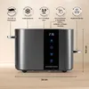 A toaster with feature callouts and dimensions shown against a light background. Produktbild-Vorschau