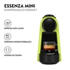 A lime green Nespresso Essenza Mini coffee machine with a cup of espresso on a white background, accompanied by feature descriptions. Produktbild-Vorschau