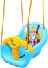 A blue baby swing with a yellow safety bar and cartoon characters on the backrest. Produktbild-Vorschau