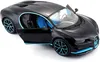 A black Bugatti Chiron model car with blue accents and interior, with the driver's side door open. Voir les images du produit