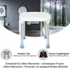 A white shower stool is shown in a bathroom setting, with a bathtub and forest-themed wallpaper in the background. Informational icons and text are present at the bottom. Produktbild-Vorschau