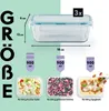 A diagram showing the dimensions and capacity of a glass food storage container, with examples of food it can hold. Produktbild-Vorschau