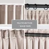 A collage of four close-up images showing different ways to hang and pleat curtains, with a central text overlay. Produktbild-Vorschau