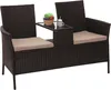 A brown poly-rattan bench with cream cushions and a small glass-top table in the center. Náhled obrázku produktu