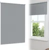 A split image showing a full roller blind on the left and a roller blind installed on a window on the right. Produktbild-Vorschau