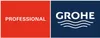A split image with the word PROFESSIONAL on a red background on the left, and the brand name GROHE with a wave logo on a dark blue background on the right. Produktbild-Vorschau