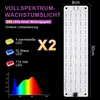 A marketing image for a full-spectrum grow light, showing its components, spectrum graph, and dimensions. Produktbild-Vorschau