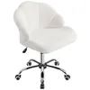 A white, fluffy office chair with a shell-shaped backrest and a chrome base with wheels, isolated on a white background. Produktbild-Vorschau