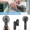 A collage showing a person putting a portable fan into a bag, and close-ups of the fan from different angles with measurements. Produktbild-Vorschau