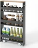 A narrow, multi-tiered storage cart filled with various food items and bottles, placed on a white background. Náhled obrázku produktu