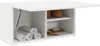 A white bathroom wall cabinet with the door open, revealing rolled towels on the left and wooden containers and soap on the right. Náhled obrázku produktu