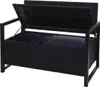 A black poly-rattan storage bench with the lid open, revealing a dark blue liner and cushions. Voir les images du produit